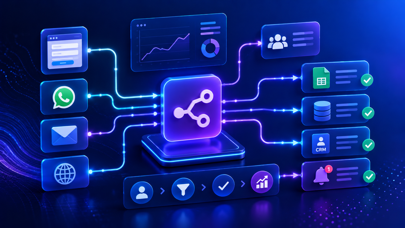 Fluxos de automacao conectando formularios, WhatsApp, planilhas e sistemas.