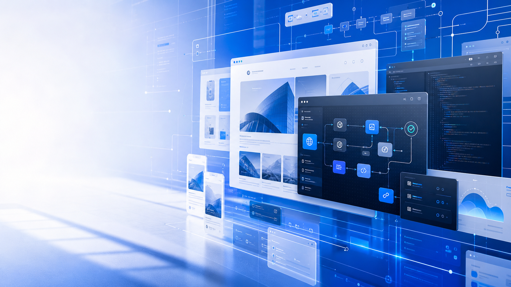 Telas e fluxos web em azul.